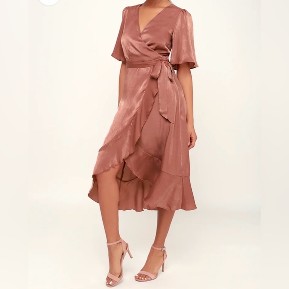 Mauve Satin Faux-Wrap Midi Dress - Picture 2 of 4